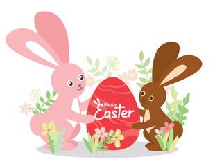 Chocolate bunny and Easter bunny are holding an egg