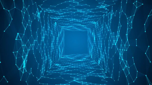 Animated blue intro background logo frame. Design moving mosaic tunnel. Texture glowing neon connecting lines, triangles, dots. Hypnosis. Living walls. Outer space. World wide web. Neural network. 4k