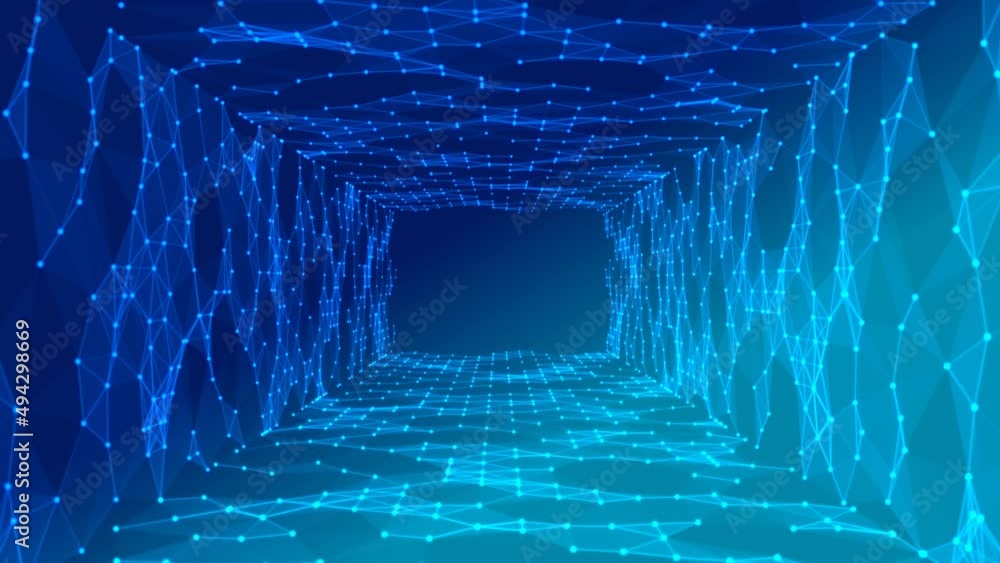 Poster animated blue intro background logo frame. design moving mosaic tunnel. texture glowing neon connect
