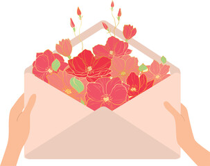 An open envelope with flowers is held in their hands