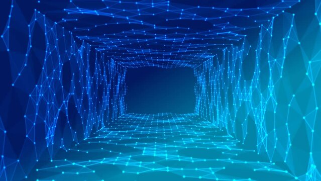 Animated blue intro background logo frame. Design moving mosaic tunnel. Texture glowing neon connecting lines, triangles, dots. Hypnosis. Living walls. Outer space. World wide web. Neural network. 4k