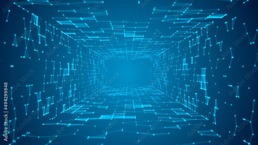 Poster animated blue intro background logo frame. design moving mosaic tunnel. texture glowing neon connect