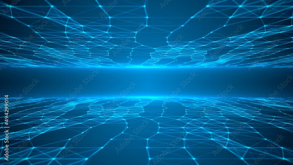 Poster animated intro, neon frame. pattern of moving plexus lines and dots, glowing stars. field from graph