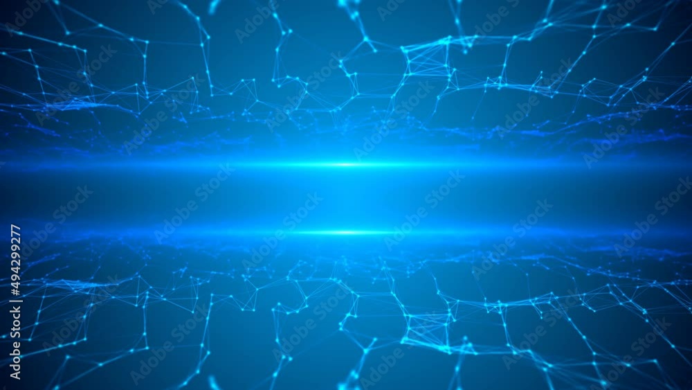 Poster animated intro, neon frame. pattern of moving plexus lines and dots, glowing stars. field from graph