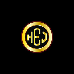 HEJ letter circle logo design. HEJ letter logo design with black background. HEJ creative letter logo with gold colors.
 - obrazy, fototapety, plakaty