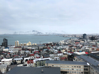 An aerial view of Reykjavik in Iceland in the winter