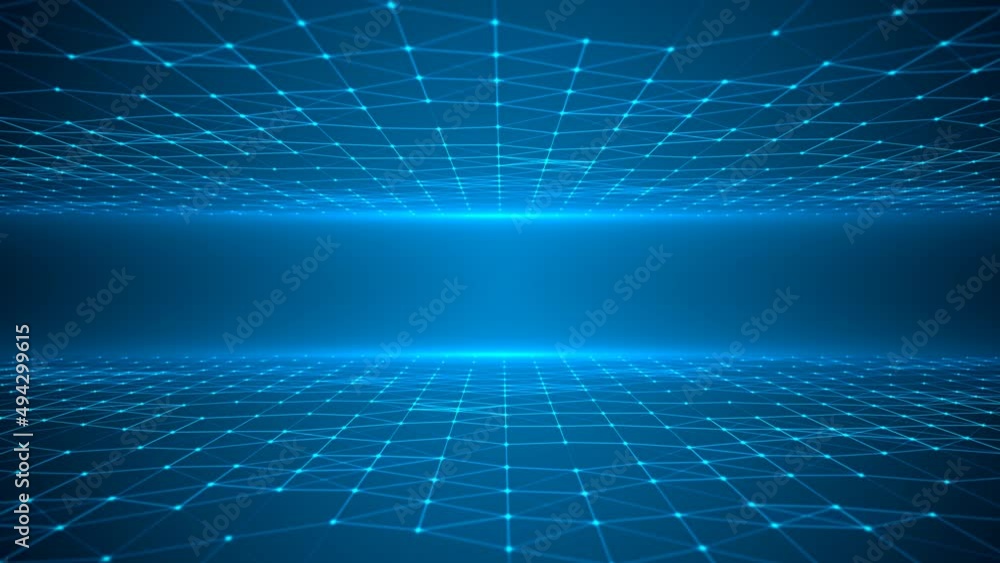 Poster animated intro, neon frame. pattern of moving plexus lines and dots, glowing stars. field from graph