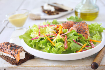 Lettuce salad with red fish, raw carrots and beets. Red fish sandwich with rye bread, poppy seeds and cream cheese