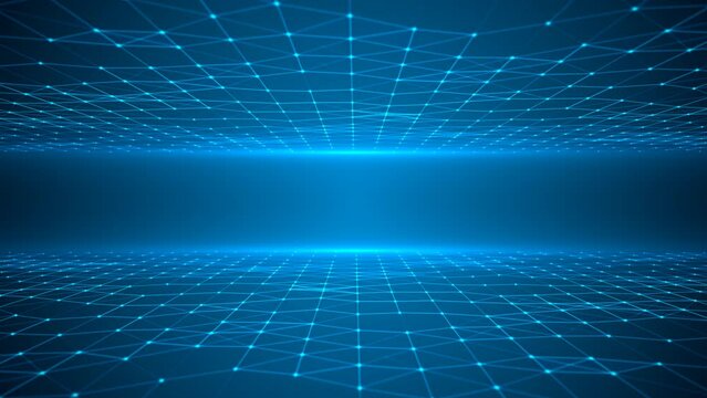 Animated intro, neon frame. Pattern of moving plexus lines and dots, glowing stars. Field from graphic grid. World Wide Web. Bright ray light, energy. Cosmic path. Technology medicine, business. 4k
