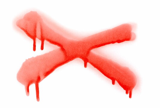 Red spray stain in crossed out, x drawing isolated on white  