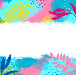 Bright abstract background of palm tree and plants in doodle and memphis style trendy colors cyan blue yellow green magenta pink in tropical style for print card or website with place for text	