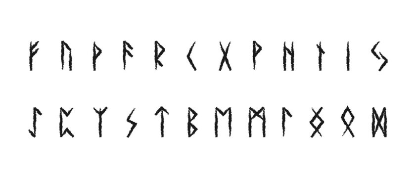 Scandinavian runes drawn with grunge. Black symbols of letters of ancient germans and norwegians. Ettir hieroglyphic alphabet with clinographic vector futhark