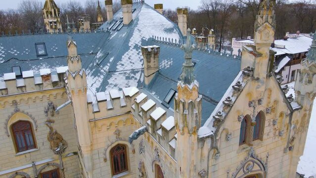 Aerial footage of Sturzda castle in Iasi county, Romania. Video was shot from a drone starting at close proximity to the building and flying backwards to reveal the whole architecture.
