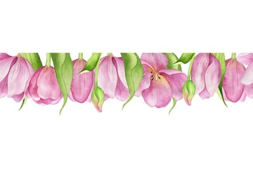 Watercolor seamless pattern with pink tulip flowers. Hand painted repeat border for wedding invitation and card. Floral arrangement. Botanical spring blossom.