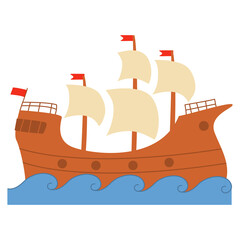 Cartoon wooden ship for sea.Sailing ship.Isolated on white background. artoon style vector flat illustration.