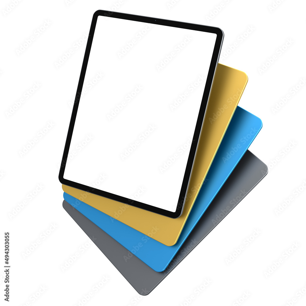 Poster set of computer tablets with cover case and blank screen isolated on white.