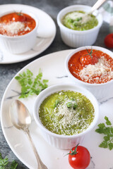 Vegetable appetizer: tomato soufflе and green pea souffle