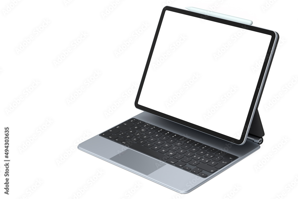 Poster computer tablet with keyboard and blank screen isolated on white background.