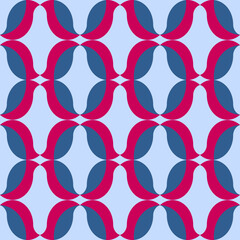 Repeating, seamless pattern of blue and red abstract bird shapes on light blue background. Ideal for wrapping paper or greeting card design.