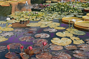 Large pond with different types of Lillies, and flowers in bloom. 