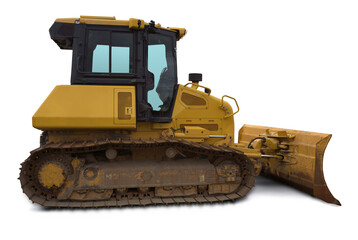 construction yellow heavy equipment bulldozer track excavator earth mover on white background