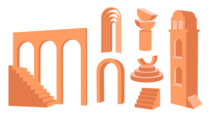 Contemporary aesthetic background with geometric 3d arch and stairs. Boho wall art elements. Decor-neutral wall prints. Vector
