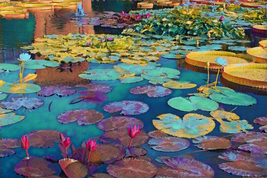 Large pond with different types of Lillies, and flowers in bloom. 