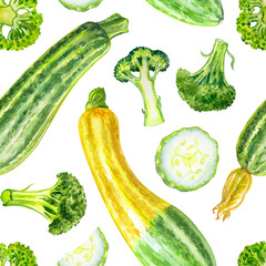 Seamless pattern of zucchini and broccoli on a white background, watercolor illustration, print on fabric and other surfaces.
