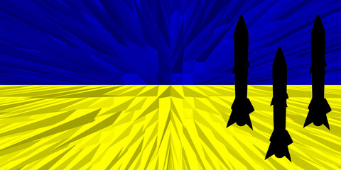 Ukraine. Nuclear weapons. Ukrainian flag with nuclear weapons symbol with missile silhouette. Illustration of the flag of Ukraine. Horizontal design.  Ukraine. Jerson. Stop the fire. 36 hours.