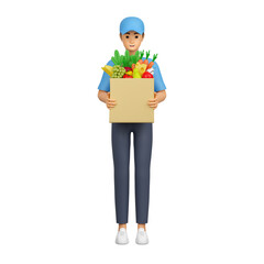 Delivery man with a package of food in his hands. A courier in uniform delivers an order from a grocery store. 3d illustration.