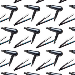 Hair straightener and hair dryer seamless pattern.