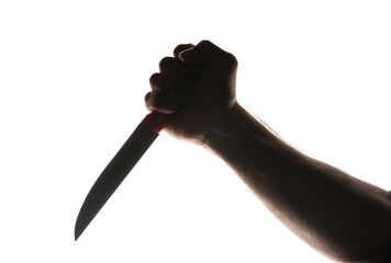 Man hand silhouette on the white background holding  the knife.