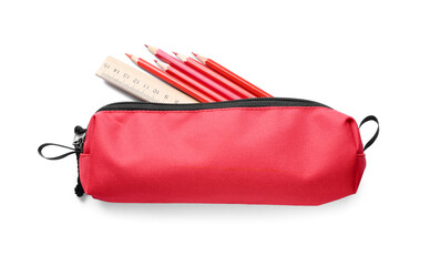 Case with pencils and ruler on white background