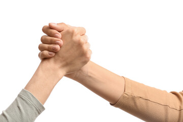 Women holding hands isolated on white