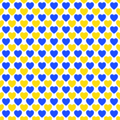 Love background. Yellow and blue hearts pattern on colorful backdrop. Illustration of heart shape on yellow and blue squares. Pattern of love on Valentine's day. Pray for Ukraine.
