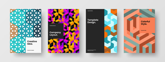 Fototapeta na wymiar Bright front page A4 design vector concept bundle. Premium geometric shapes corporate cover illustration set.