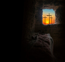 Easter morning, Golgotha hill with silhouettes of the cross, - obrazy, fototapety, plakaty