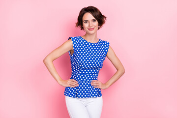 Photo of nice millennial brunette lady wear blue top jeans isolated on pink color background