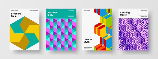 Original geometric hexagons magazine cover illustration composition. Trendy handbill A4 vector design concept bundle.