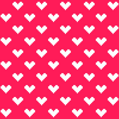 8 bit white hearts pattern on red background. Graphic white hearts on red backdrop. Love symbols on Valentine's day.
