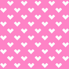 8 bit white hearts pattern on pink background. Graphic white hearts on pink backdrop. Love symbols on Valentine's day.