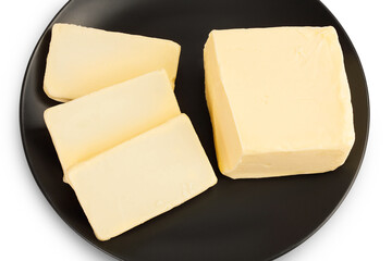 butter slices in black plate isolated on white background with clipping path and full depth of...