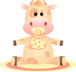 Vector flat illustration. Cartoon animal. A nice little cow is sitting