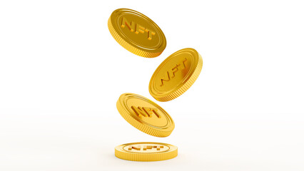 Nft - non fungible token concept. 3D render of NFT golden coins on white background