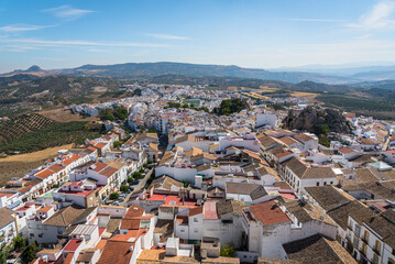 Fototapeta na wymiar Scenic view of the beautiful andalusian white town of Olvera in the Natural Park of Grazalema mountain range at daylight, Cadiz province, Andalusia, Spain