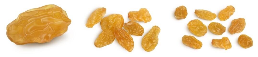 Yellow raisin isolated on white background with clipping path. Top view. Flat lay. Set or collection