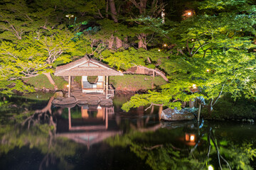 Old Japanese traditional pavillion on the bank of a pond and surrounded with trees. Shot on a long exposure at night