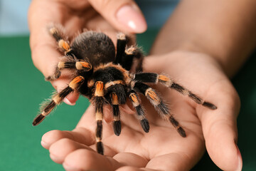 Woman with scary tarantula spider on green background, closeup