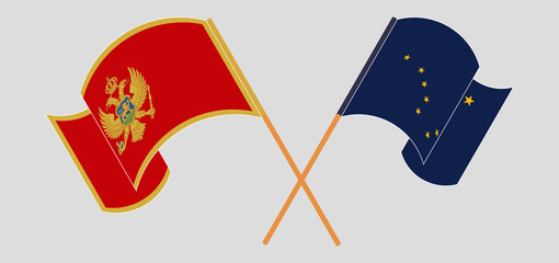 Crossed and waving flags of Montenegro and the State of Alaska