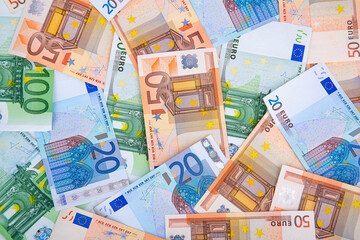 Background of euro banknotes of different denominations